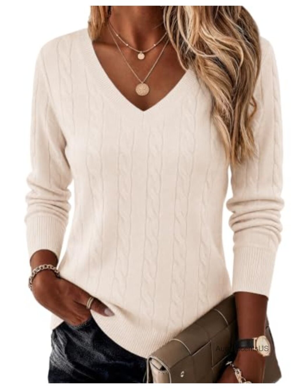 Ekouaer Women's Cable Knit V-Neck Long Sleeve Sweater Lightweight Pullover